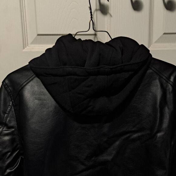 Men's Faux Leather Motorcycle Jacket With Detachable Hood Black Size Large - Picture 9 of 14